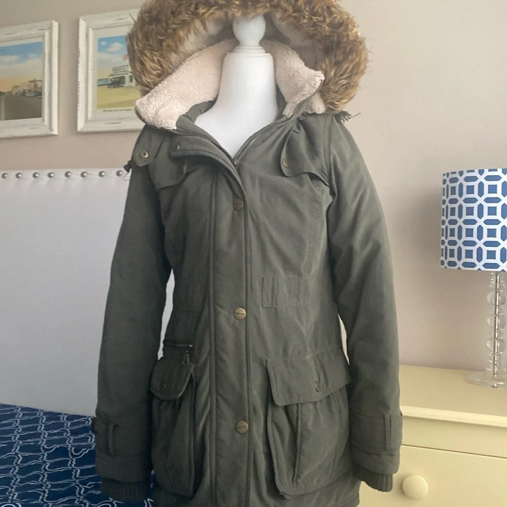 DKNY Anorak Coat Faux Fur Hooded Olive Green, XS - Picture 1 of 8